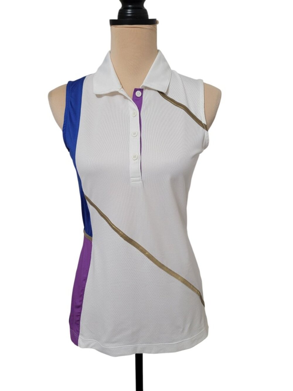 EP Sport Size S White, Blue, Purple, Gold Colorblock Sleeveless Polo Shirt